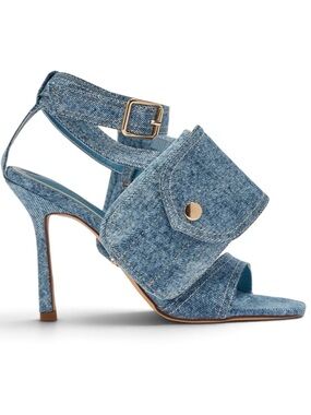NWT AKIRA GOLD KERSHAW DENIM POCKET STILETTO STRAP SANDAL